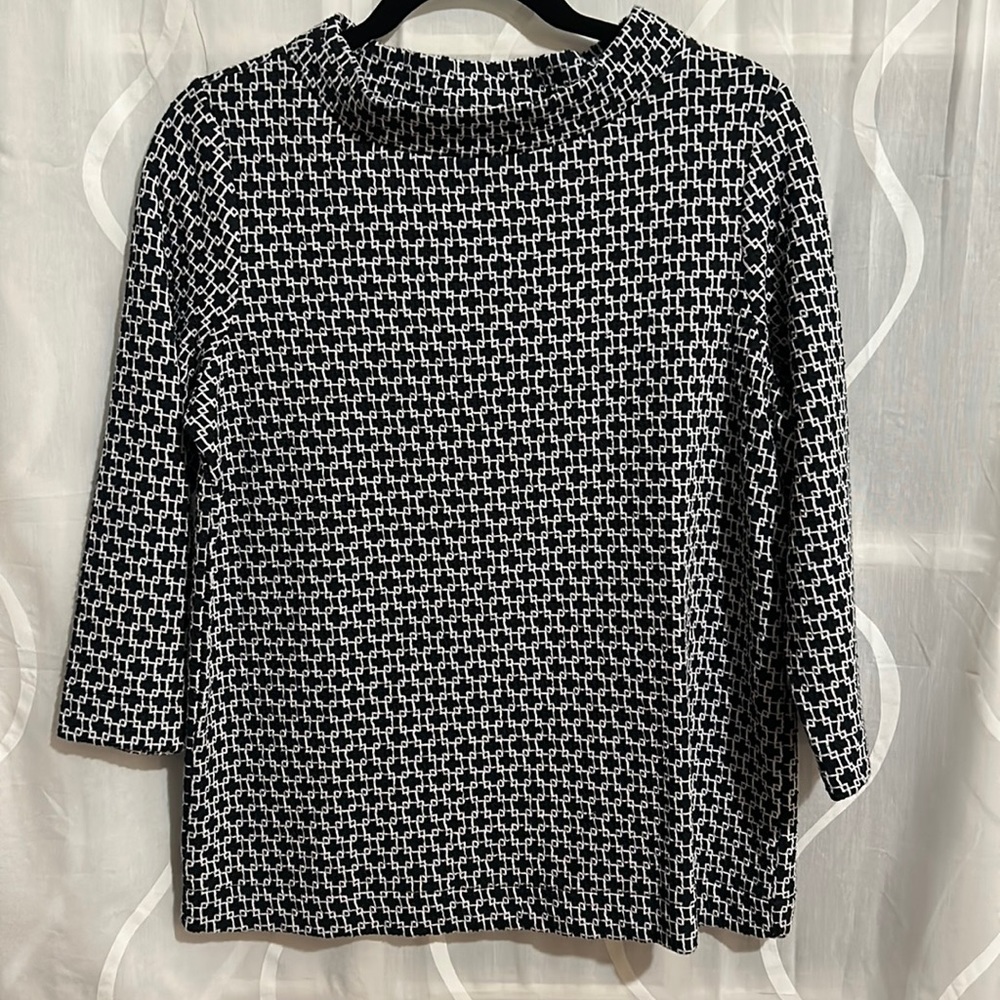 Ann Taylor, Mock Turtleneck, Navy & White, Geometric Print, Long Sleeve Top, Med